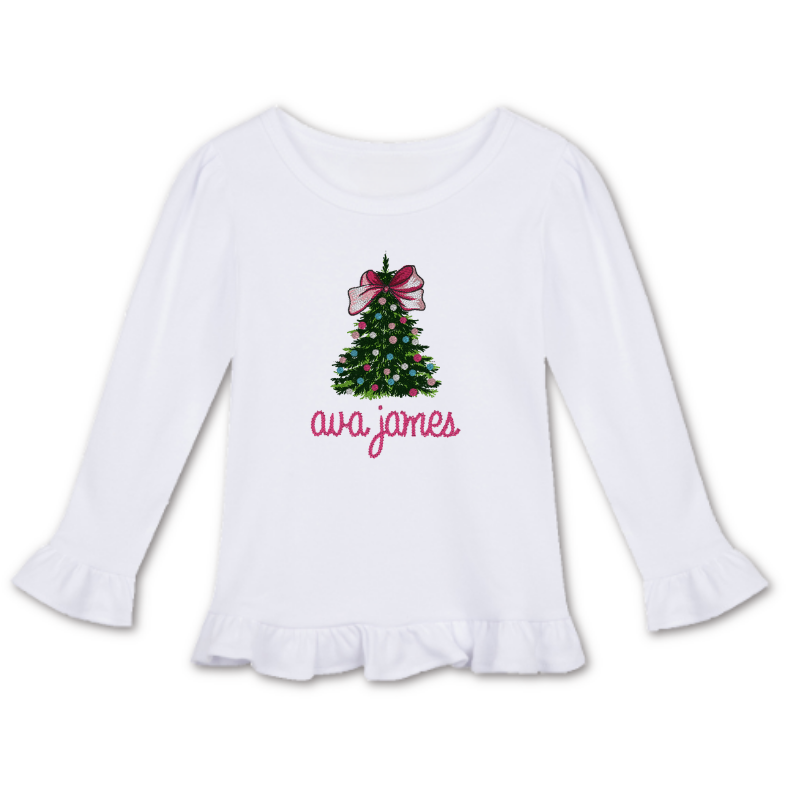 Embroidered Girls Christmas Long Sleeve Ruffle Top