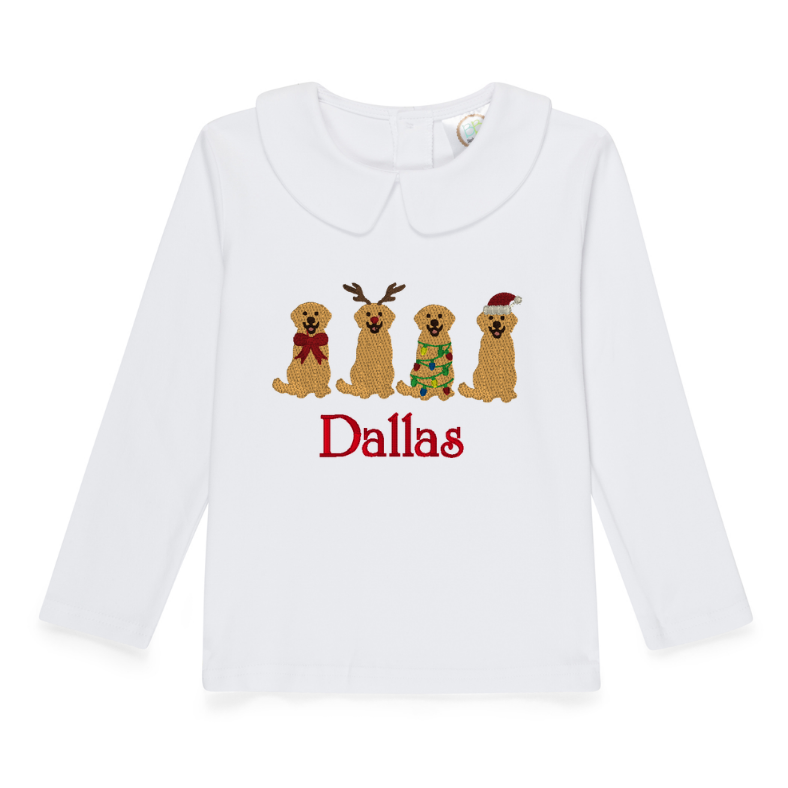 Embroidered Boys Christmas Long Sleeve Peter Pan Collar Top