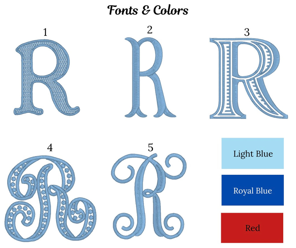 Five different letter 'R' designs with color swatches labeled Light Blue, Royal Blue, and Red.