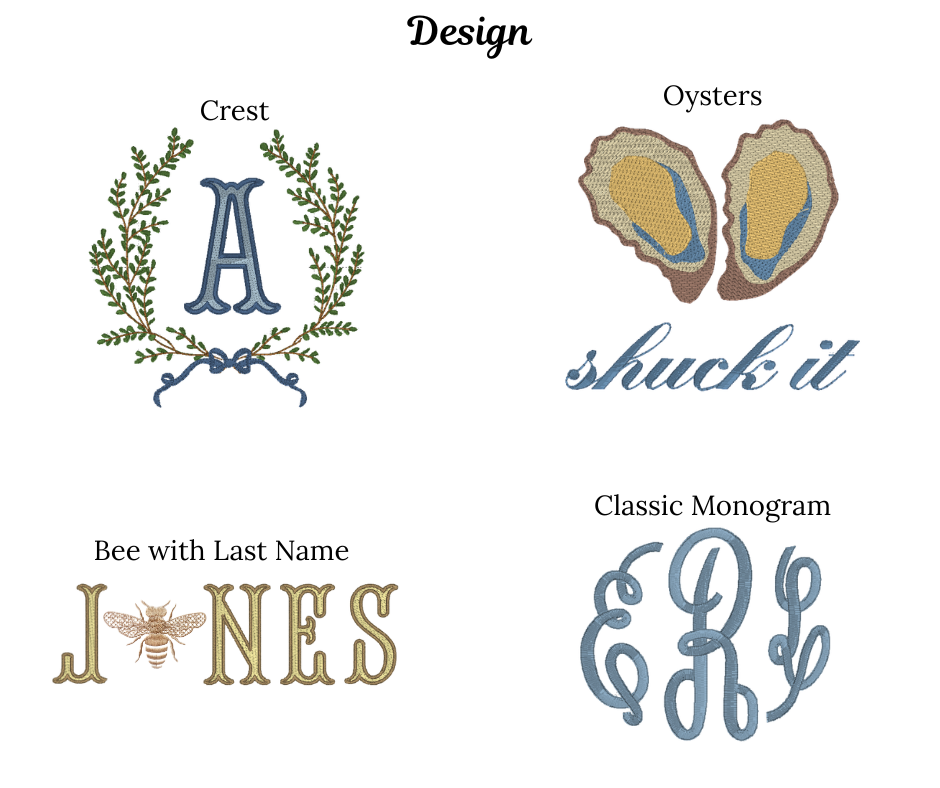 Collection of design elements including a crest, oysters, a bee with last name, and a classic monogram on a white background.