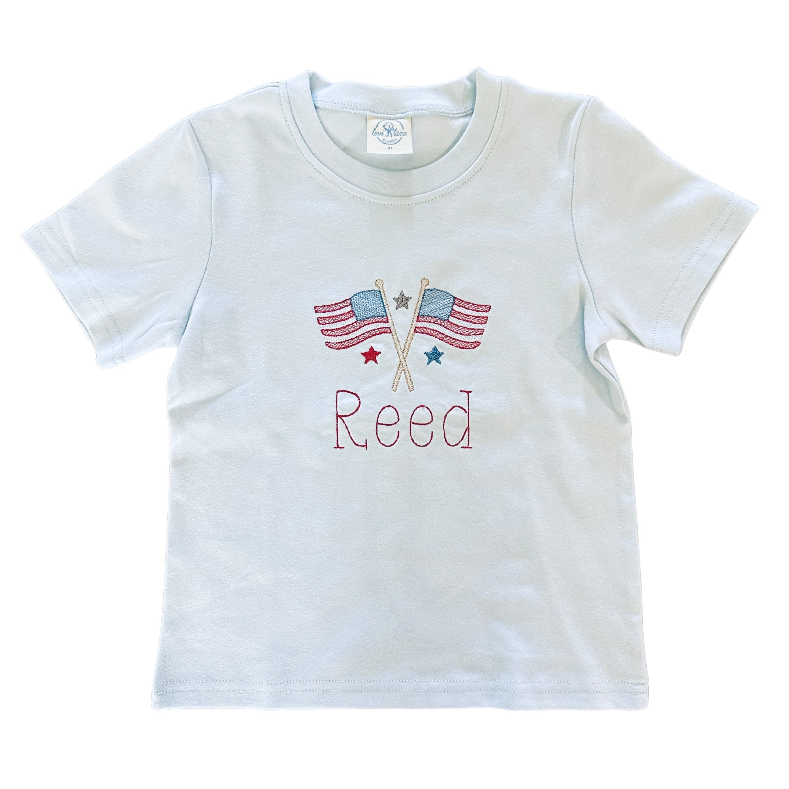 Blue t shirt with flags embroidered