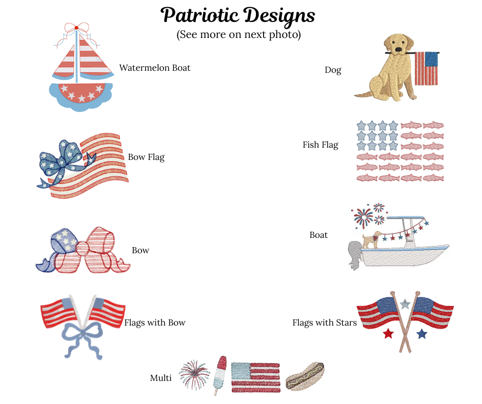Collection of patriotic designs including a watermelon boat, dog with an American flag, bow flag, fish flag, bow, boat, flags with bow, flags with stars, and multi-designs on a white background.
