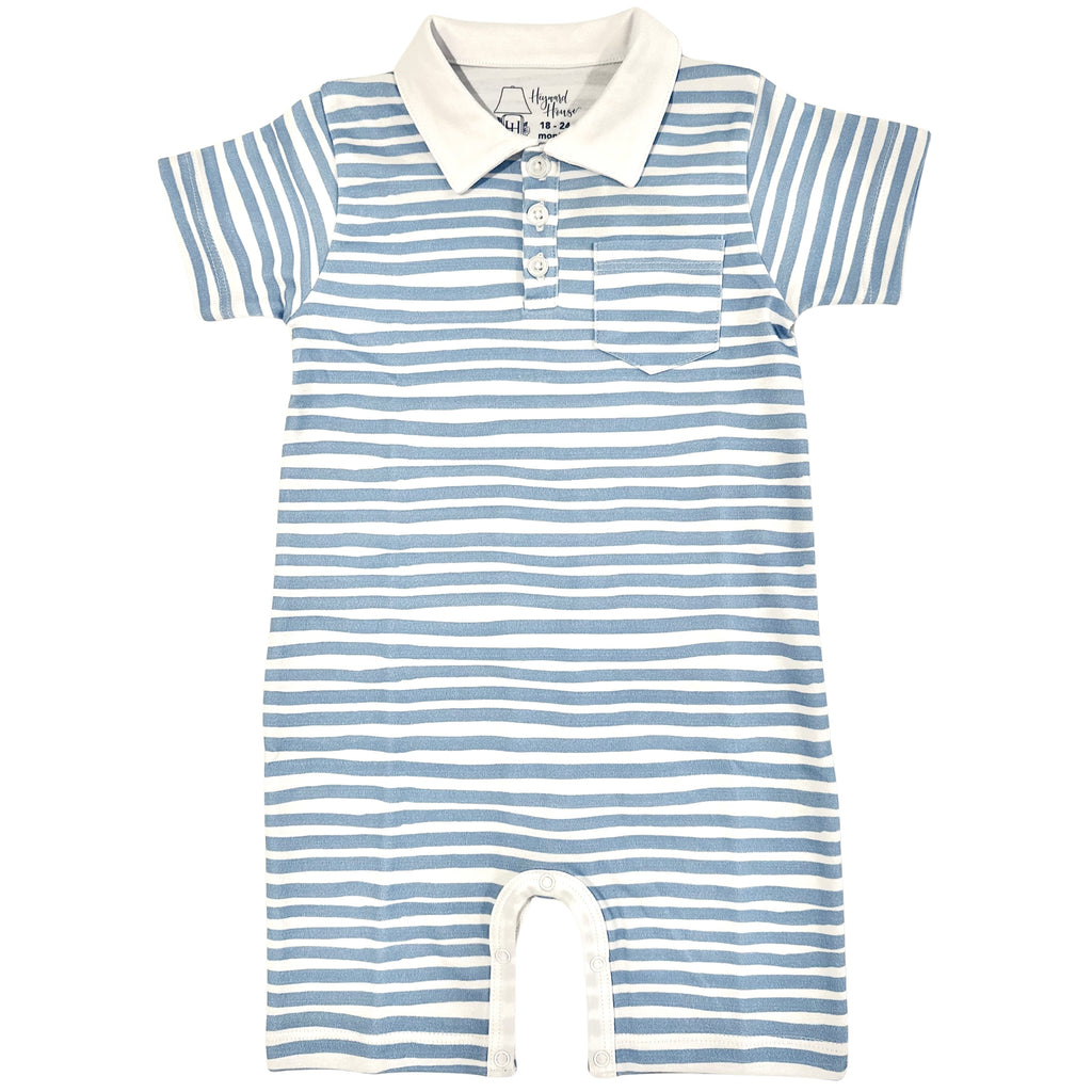white collared play romper with blue waves