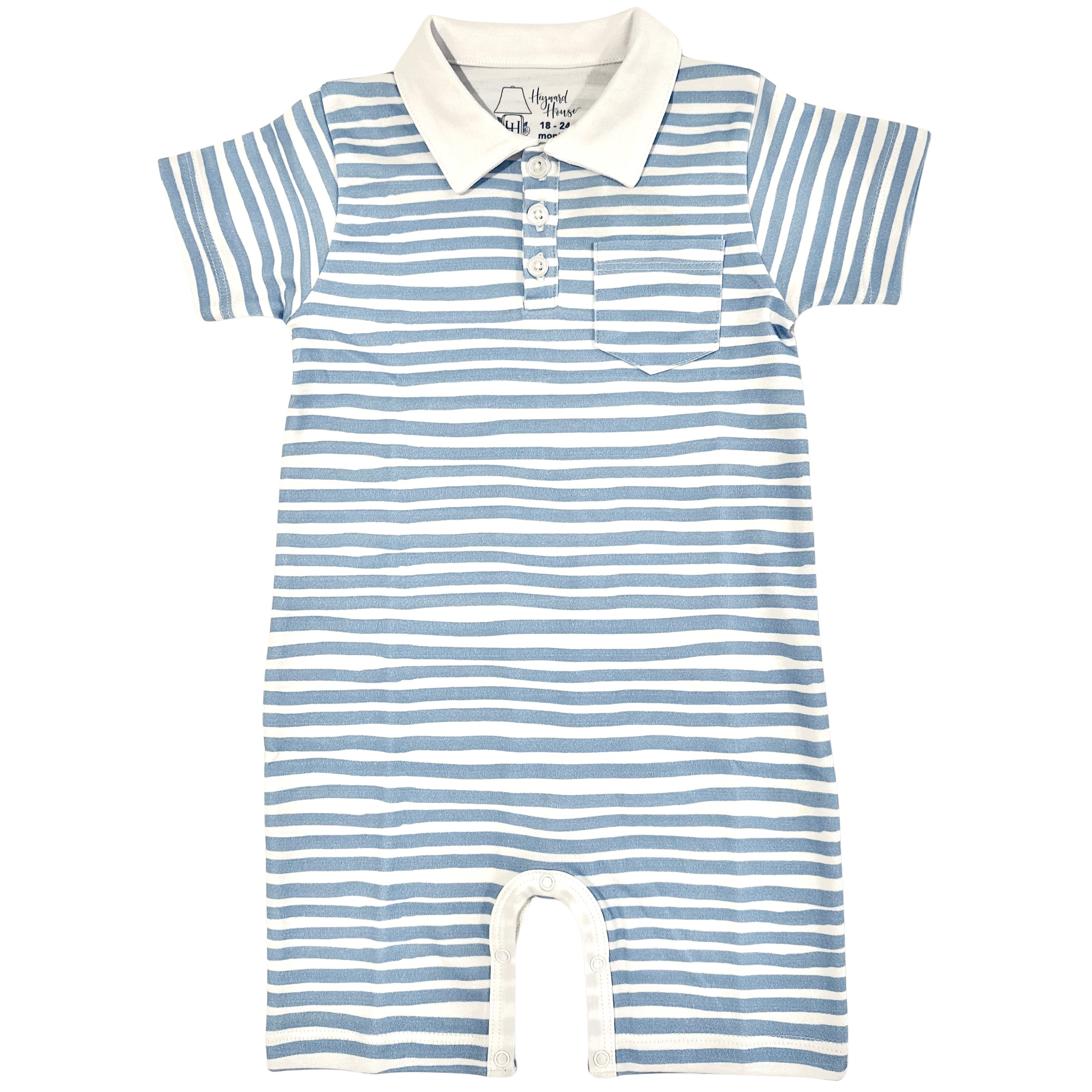 white collared play romper with blue waves