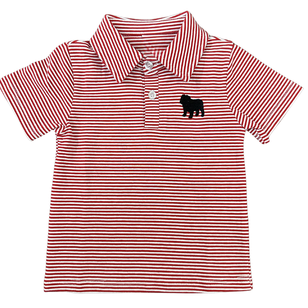 red and white stripe polo with black dog
