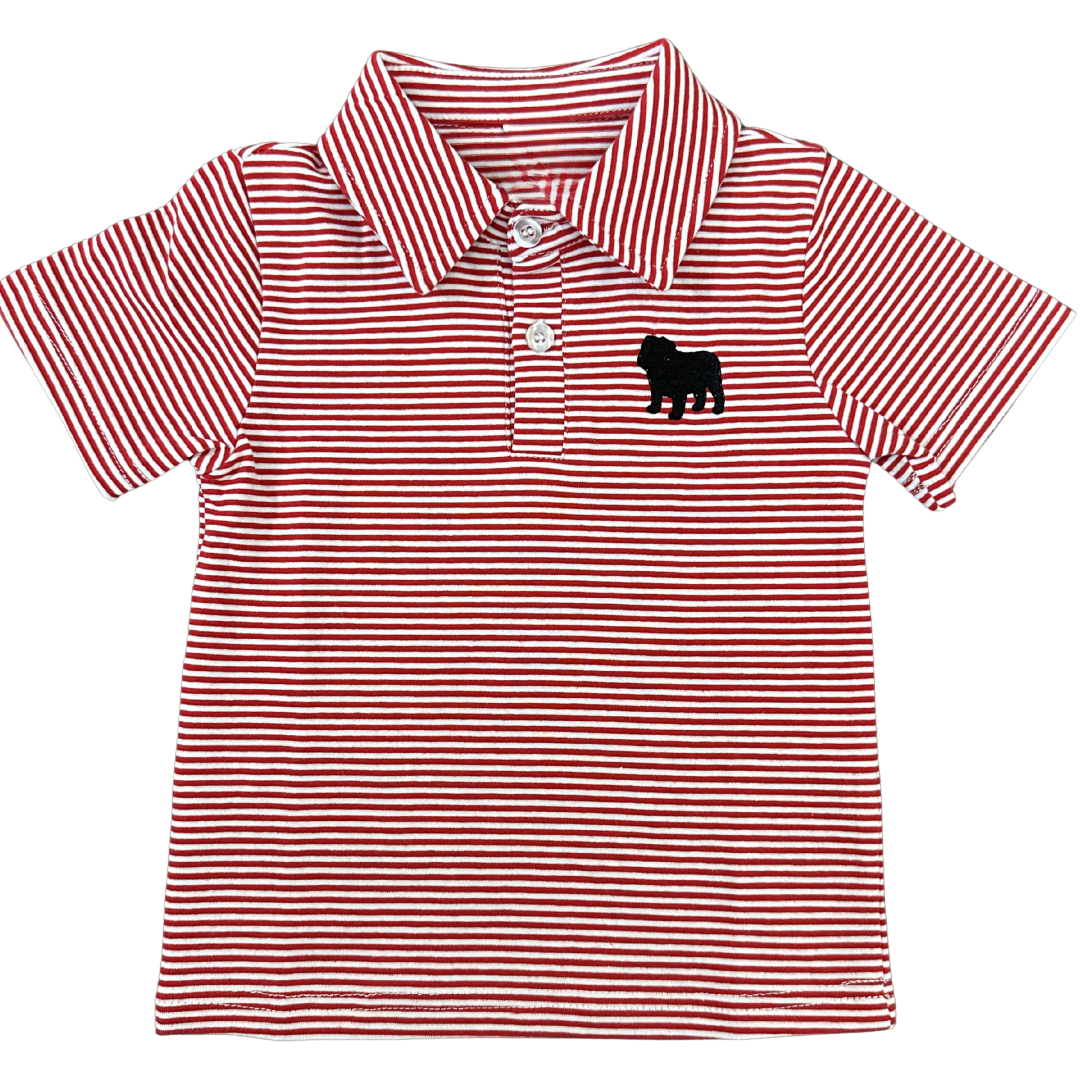 red and white stripe polo with black dog