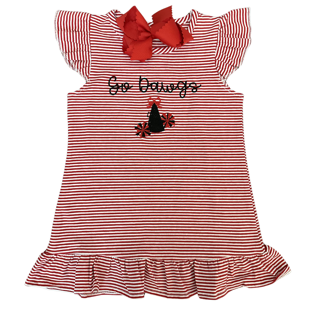 Red and white striped dress with 'Go Dawgs' text and a bow on a white background