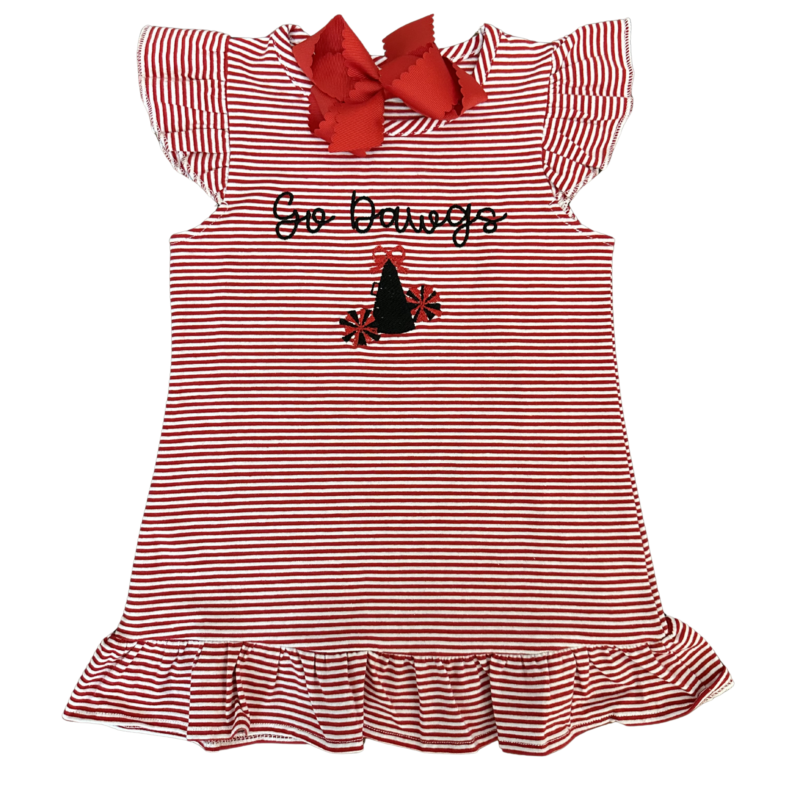 Red and white striped dress with 'Go Dawgs' text and a bow on a white background