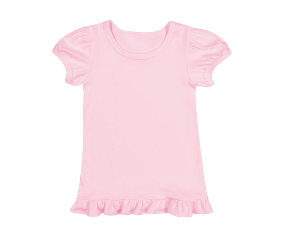 Pink t-shirt with ruffled sleeves and hem on a white background