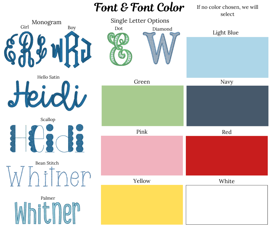 Collection of font styles and color swatches for selection on a white background