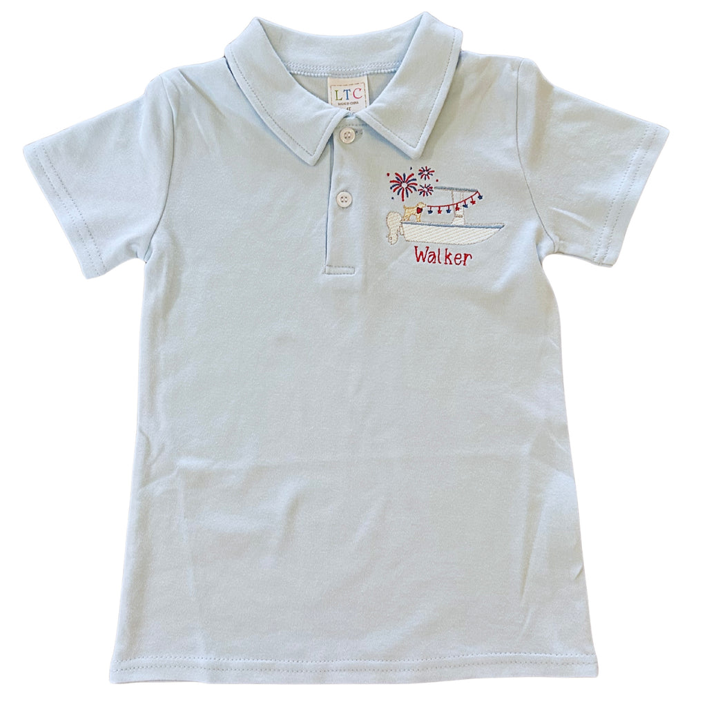 blue polo shirt with boat design and name