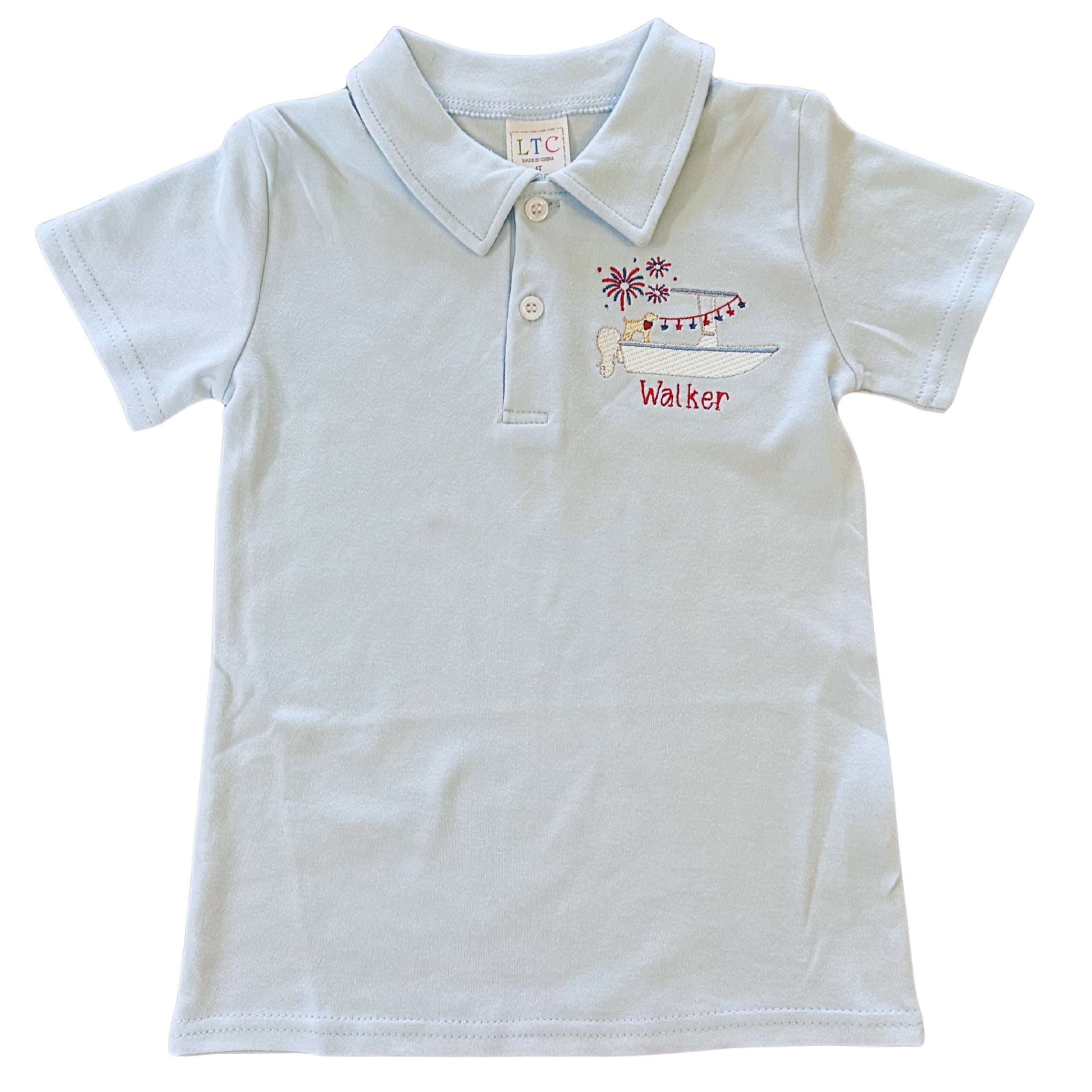 blue polo shirt with boat design and name