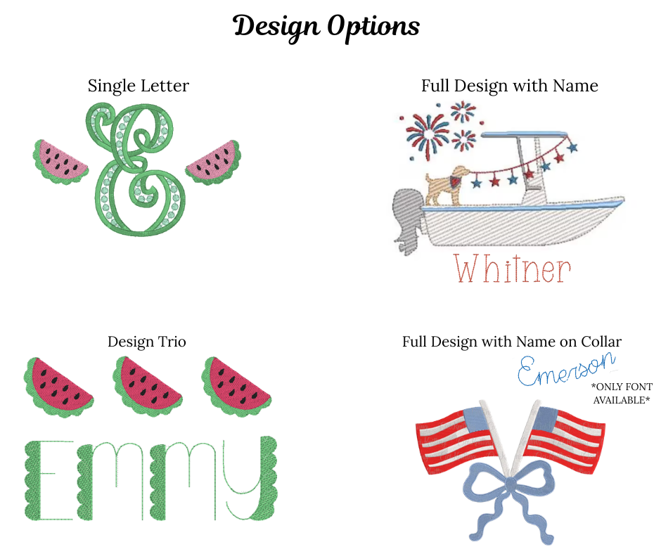 Design options for embroidery with various patterns and text on a white background