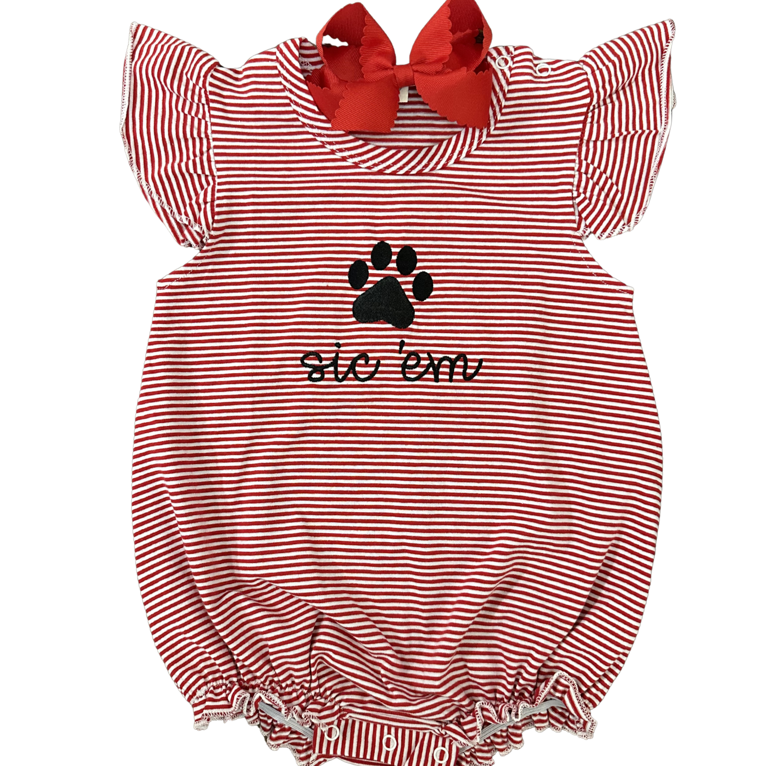 red and white stripe ruffle sleeve bubble with black paw