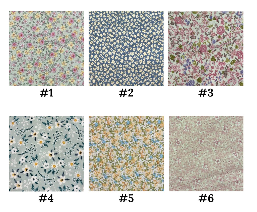 a selection of floral fabrics on a white background