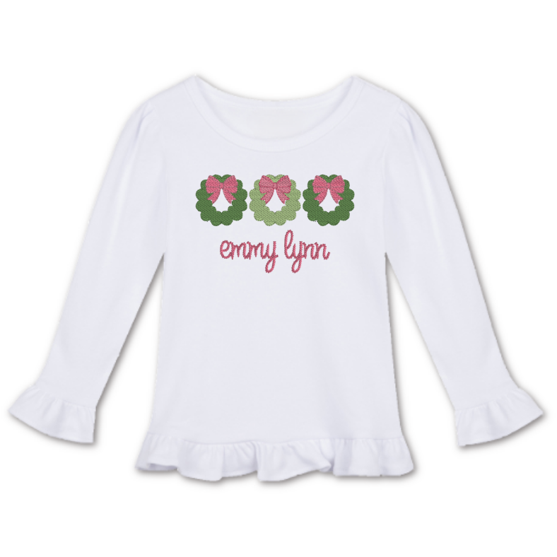 Embroidered Girls Christmas Long Sleeve Ruffle Top