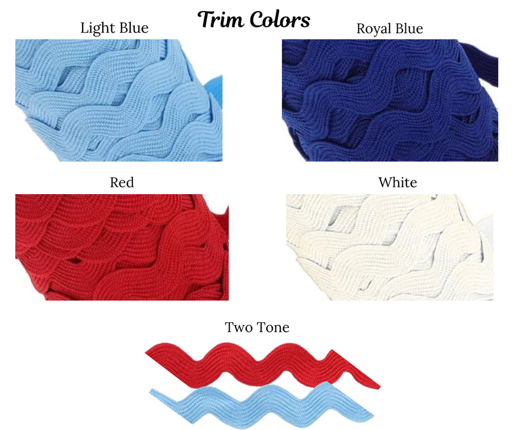 Color swatches for trim options including light blue, royal blue, red, white, and two-tone combinations.