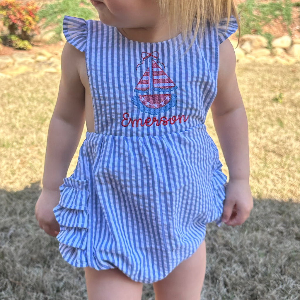 Girls Embroidered Seersucker Sunsuit