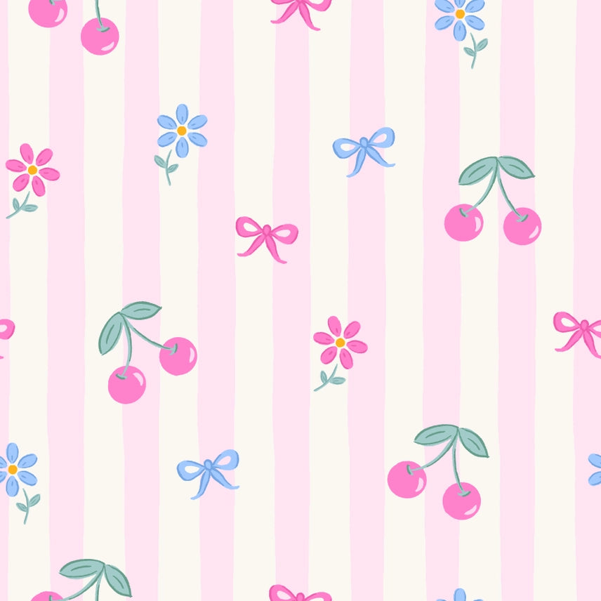 Pj design of pink stripes, cherries, and blue flowers