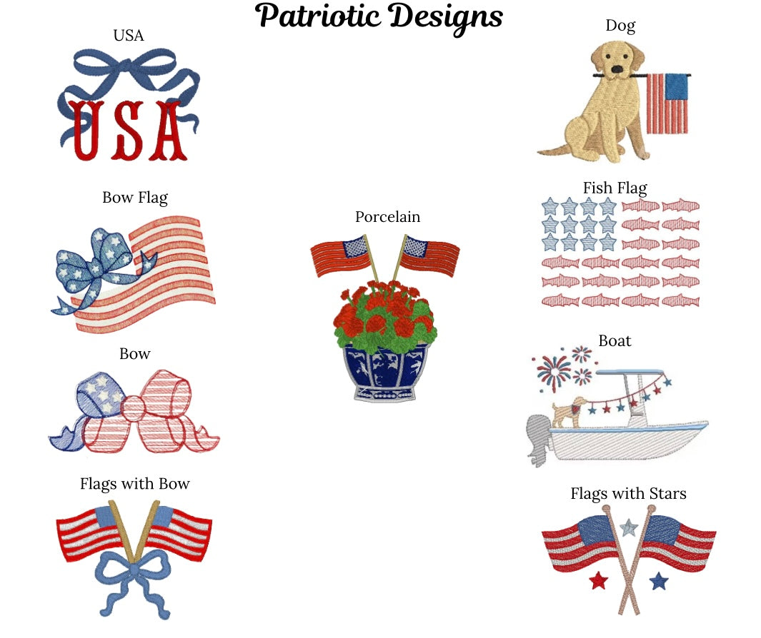 Collection of patriotic designs including 'USA', 'Bow Flag', 'Porcelain', 'Fish Flag', 'Dog with American Flag', 'Flags with Bow', 'Boat with Flags', and 'Flags with Stars'.