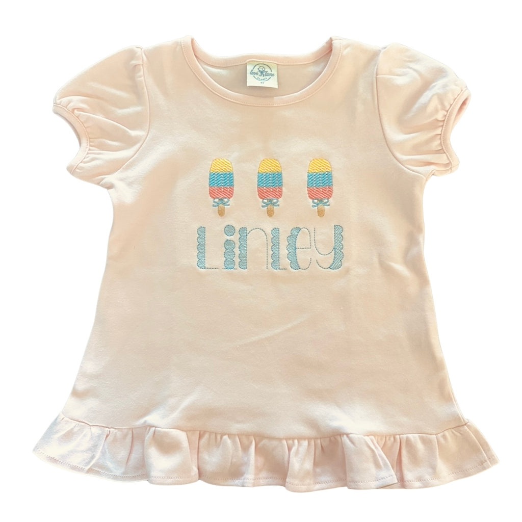 Pink rulffe t shirt with popsicles embroidered