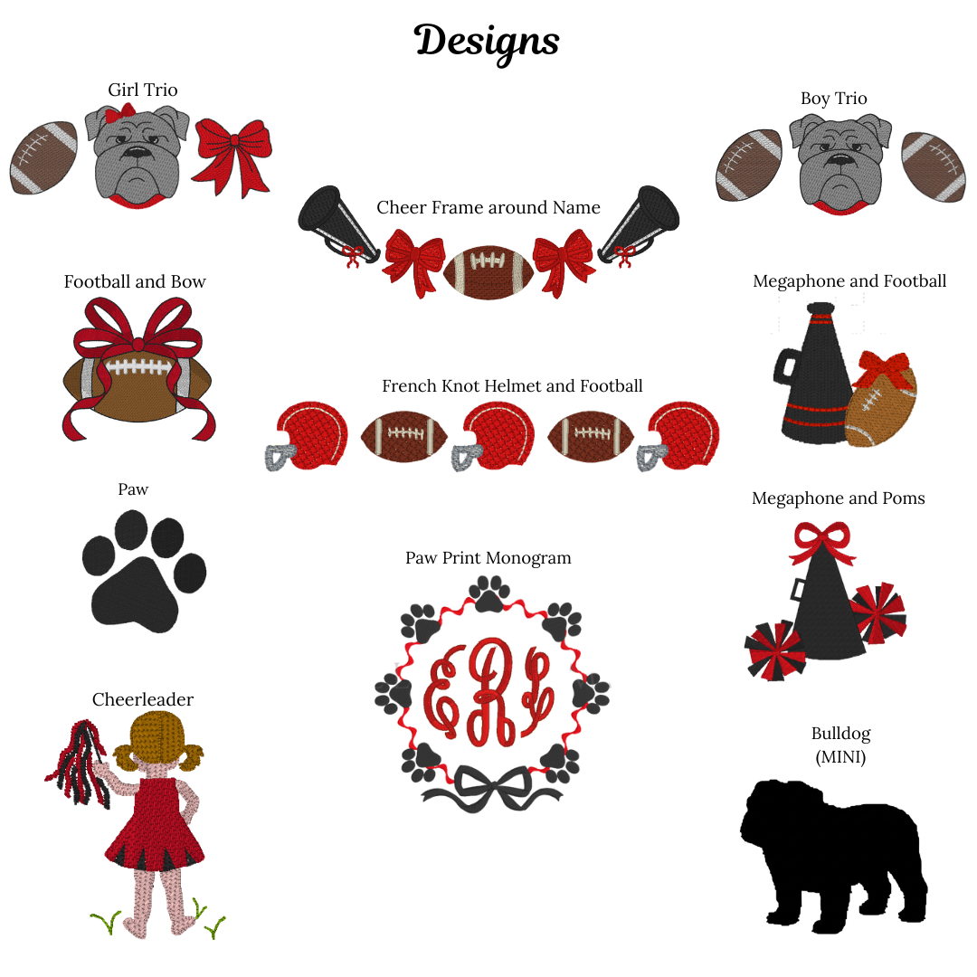 Collection of sports-themed designs with bulldogs, footballs, and other elements on a white background.