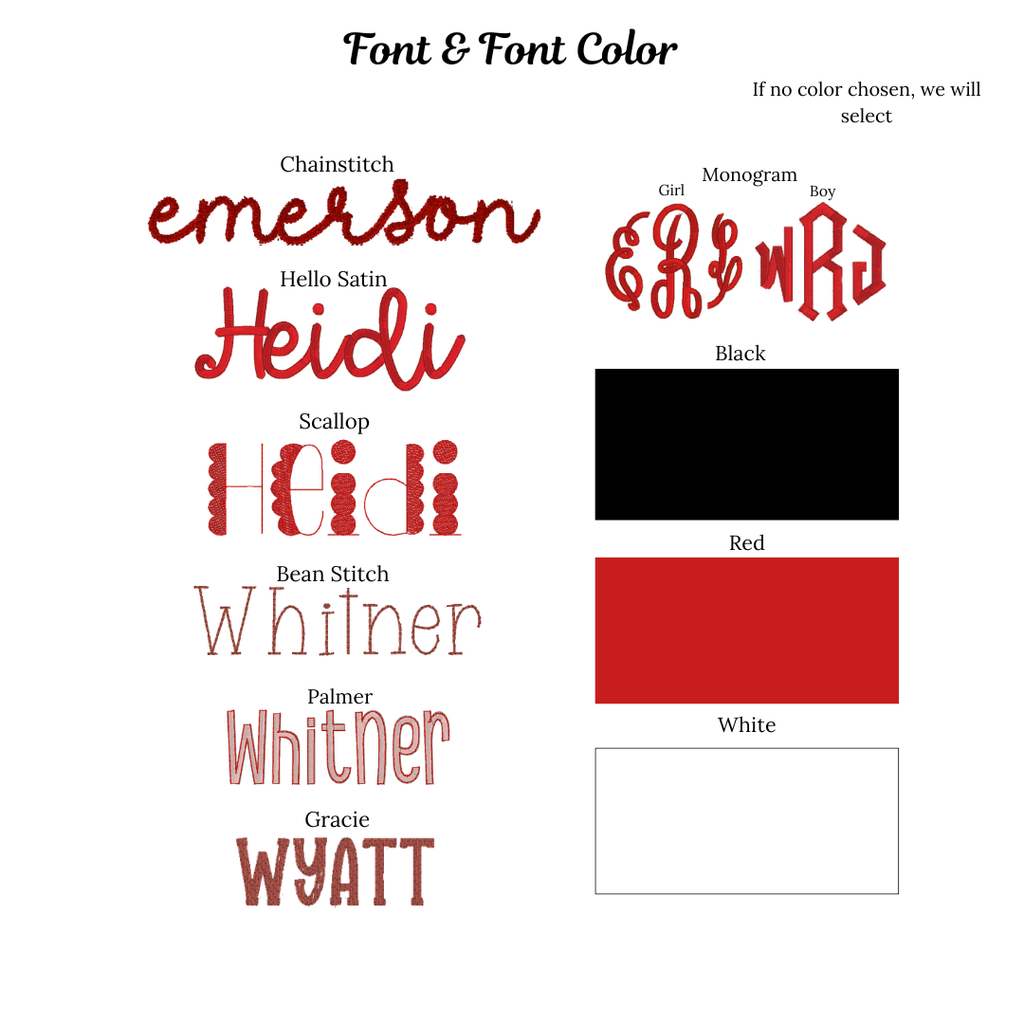 Font and font color selection chart with various text styles and color swatches.