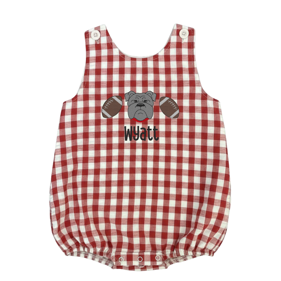 Red and white checkered romper with bulldog graphic and 'Wyatt' text on a white background