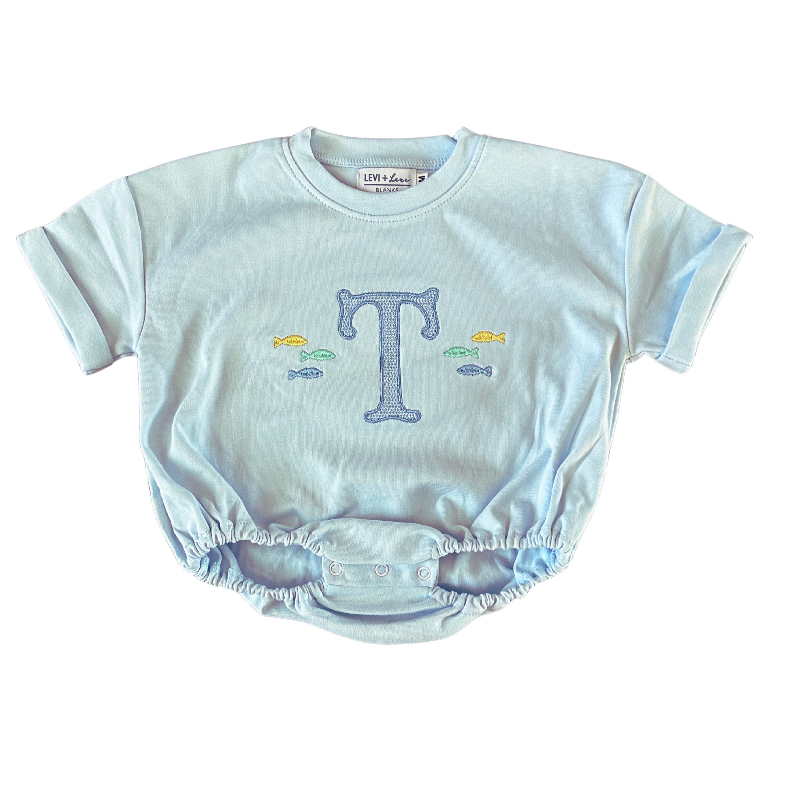 Light blue baby romper with letter 'T' and fish design on a white background