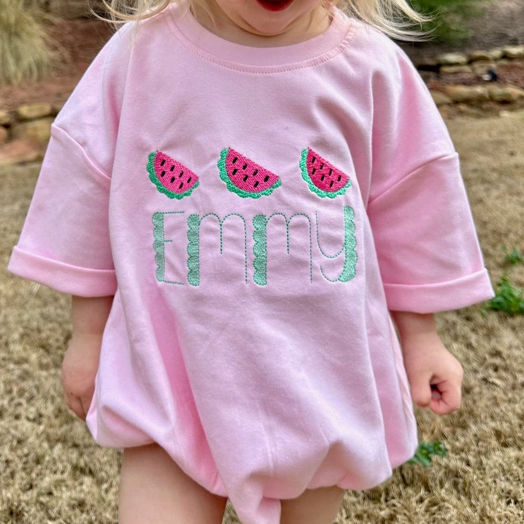 pink toddler bubble with hot pink and green watermelons and embroidered name