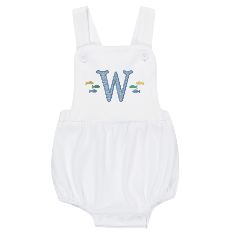 White baby romper with blue letter 'W' and fish design on a white background