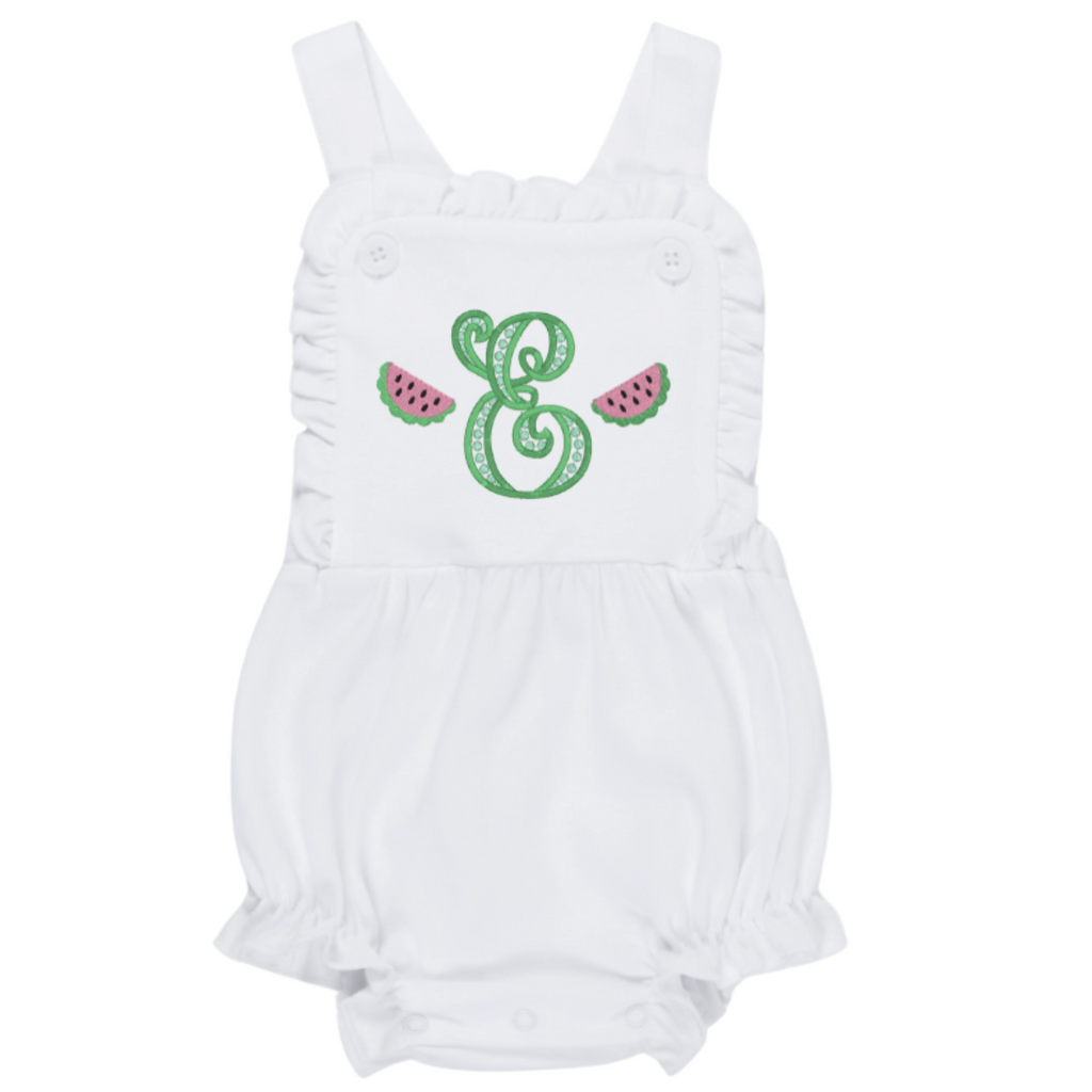 White baby romper with green letter 'E' and watermelon design on a white background