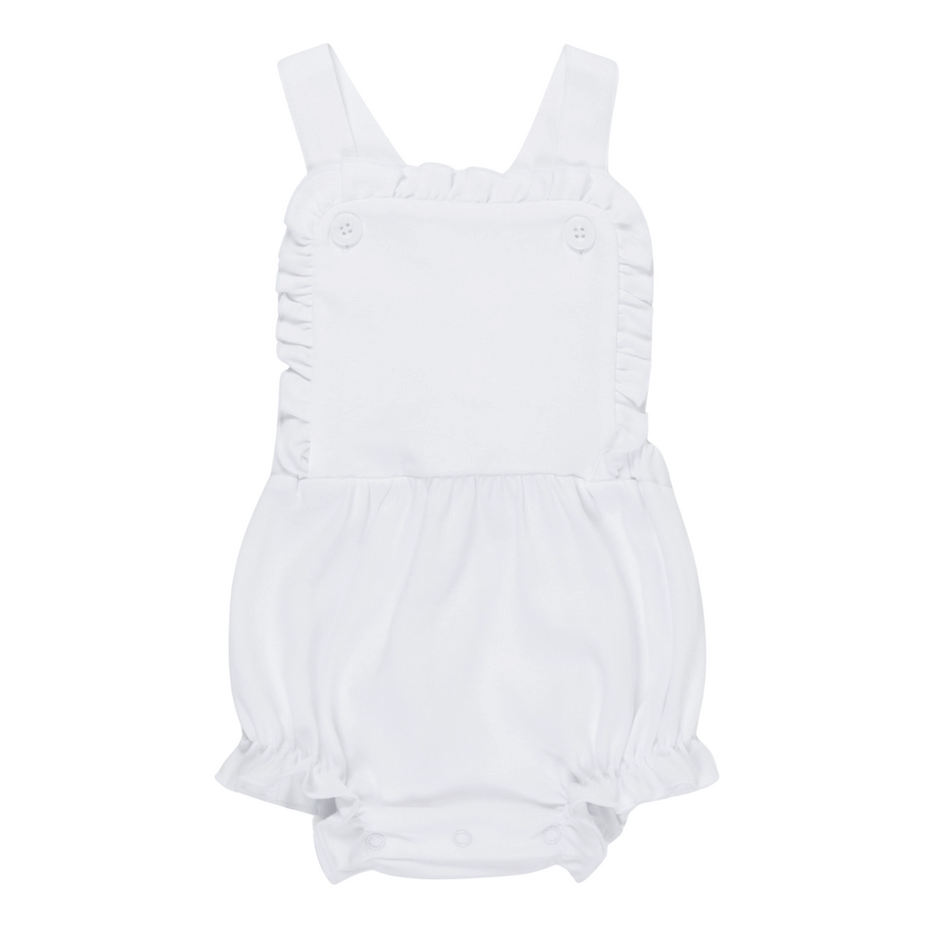 White baby romper with ruffled details on a white background