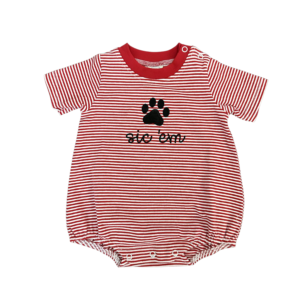 white and red stripe bubble with black paw and name