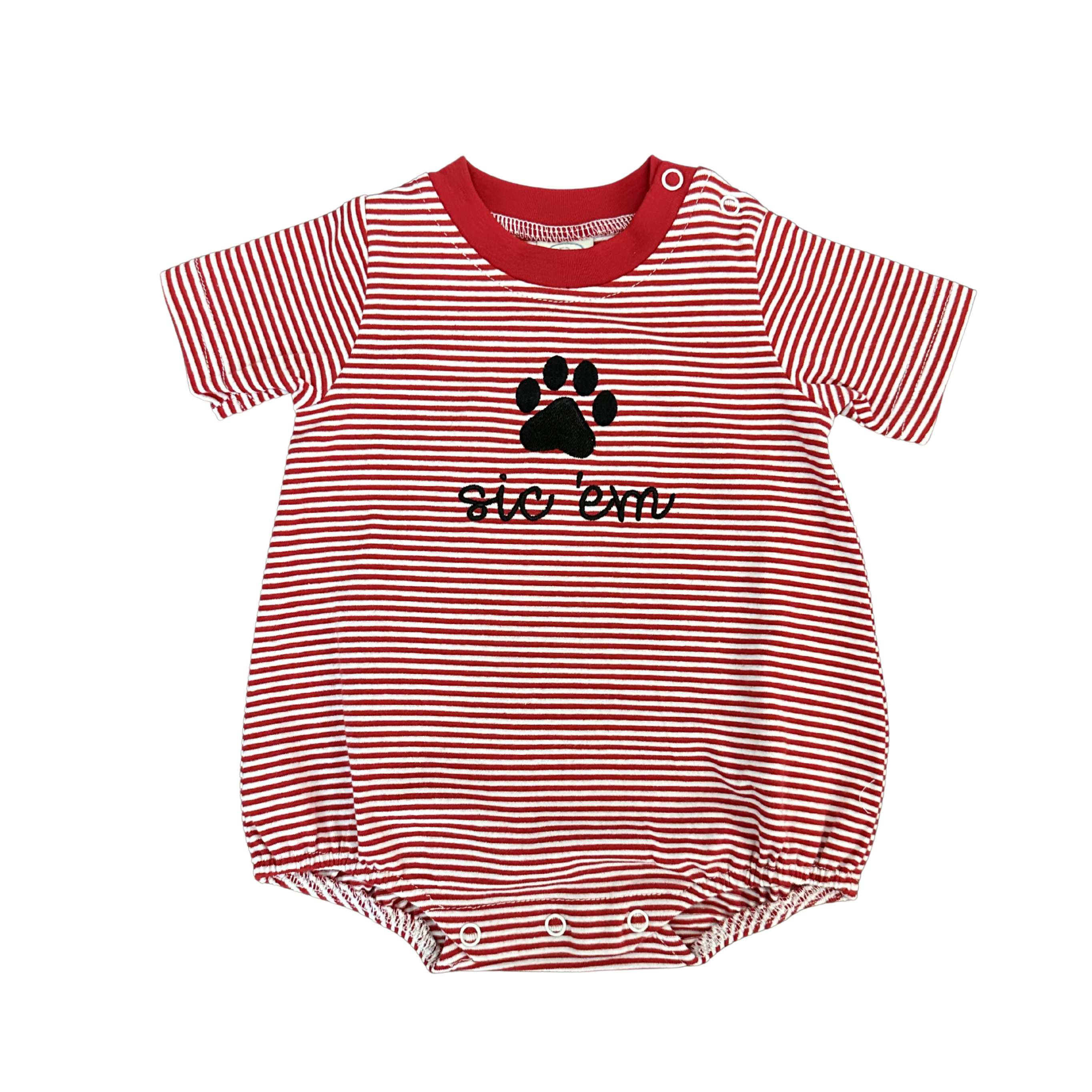 white and red stripe bubble with black paw and name