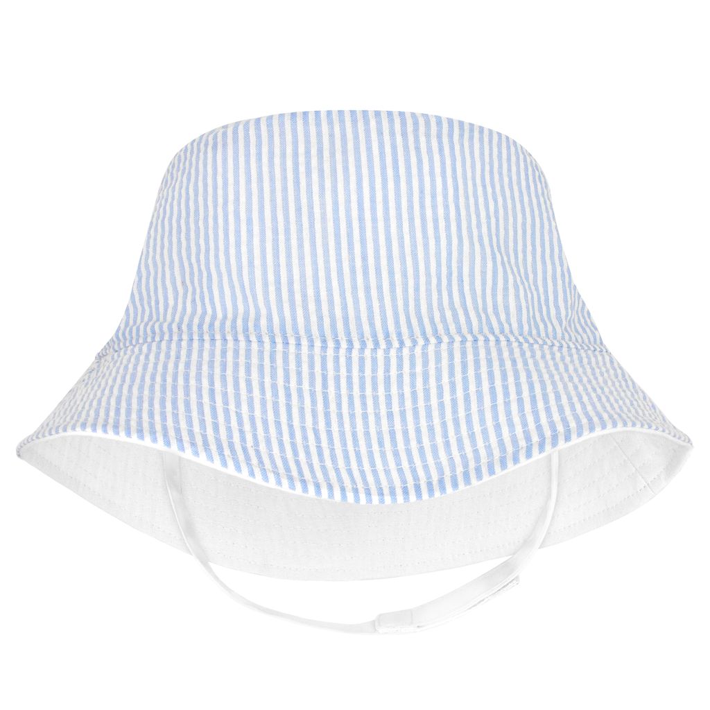 Blue and white seersucker sun hat on a white background