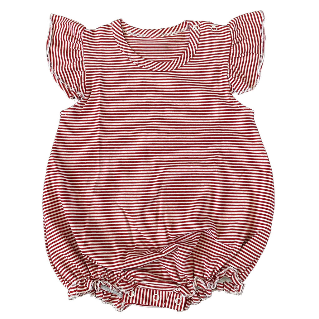 Red and white striped baby romper with ruffled sleeves on a white background
