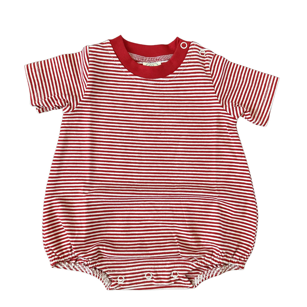 Red and white striped baby romper on a white background
