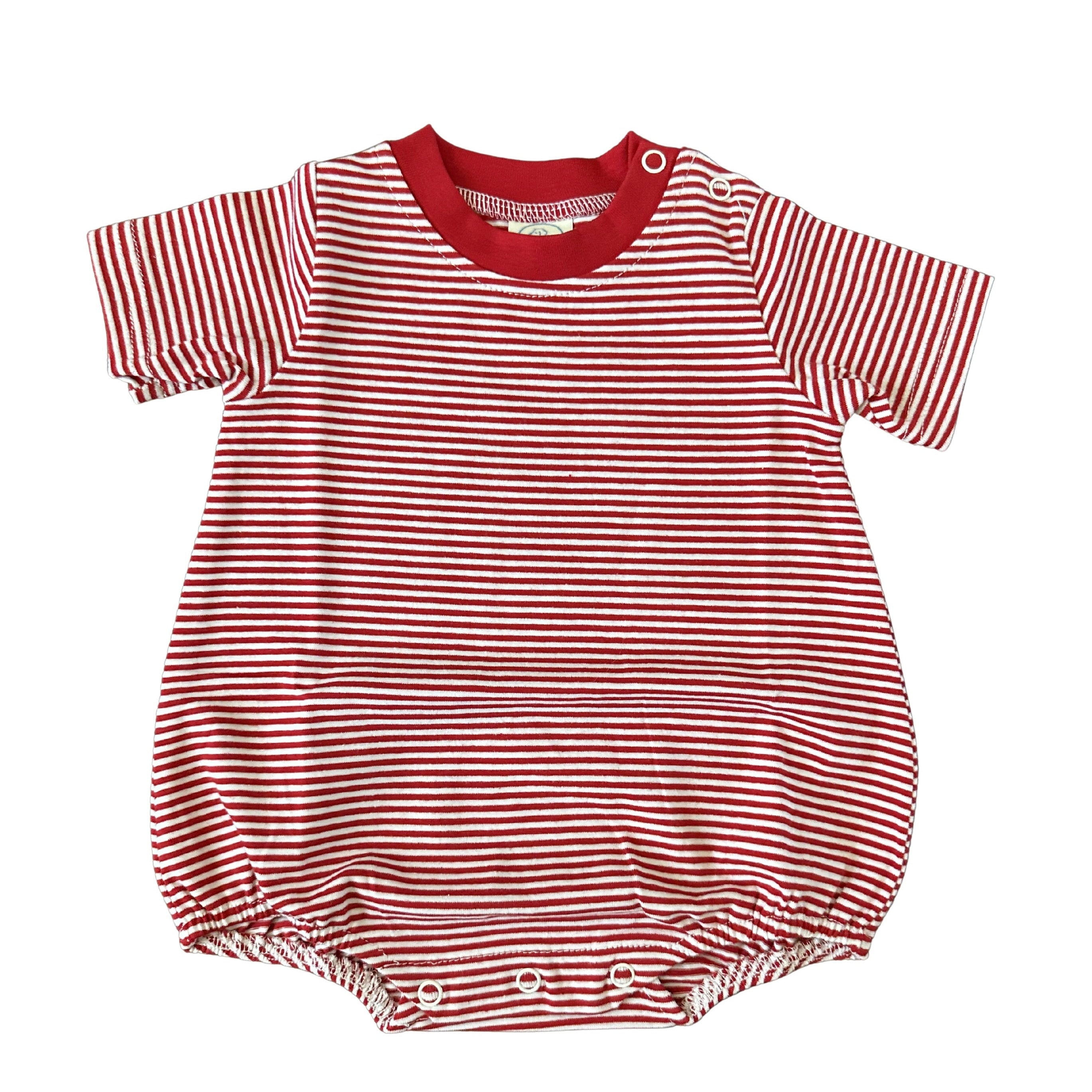 Red and white striped baby romper on a white background
