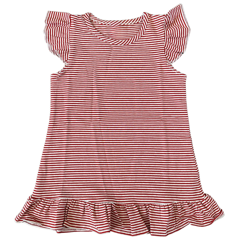 Red and white striped dress with ruffled sleeves and hem on a white background