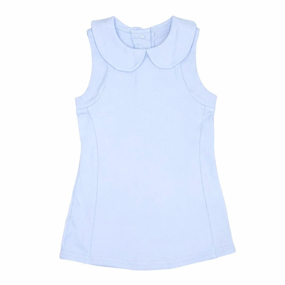 Light blue sleeveless dress with a Peter Pan collar on a white background