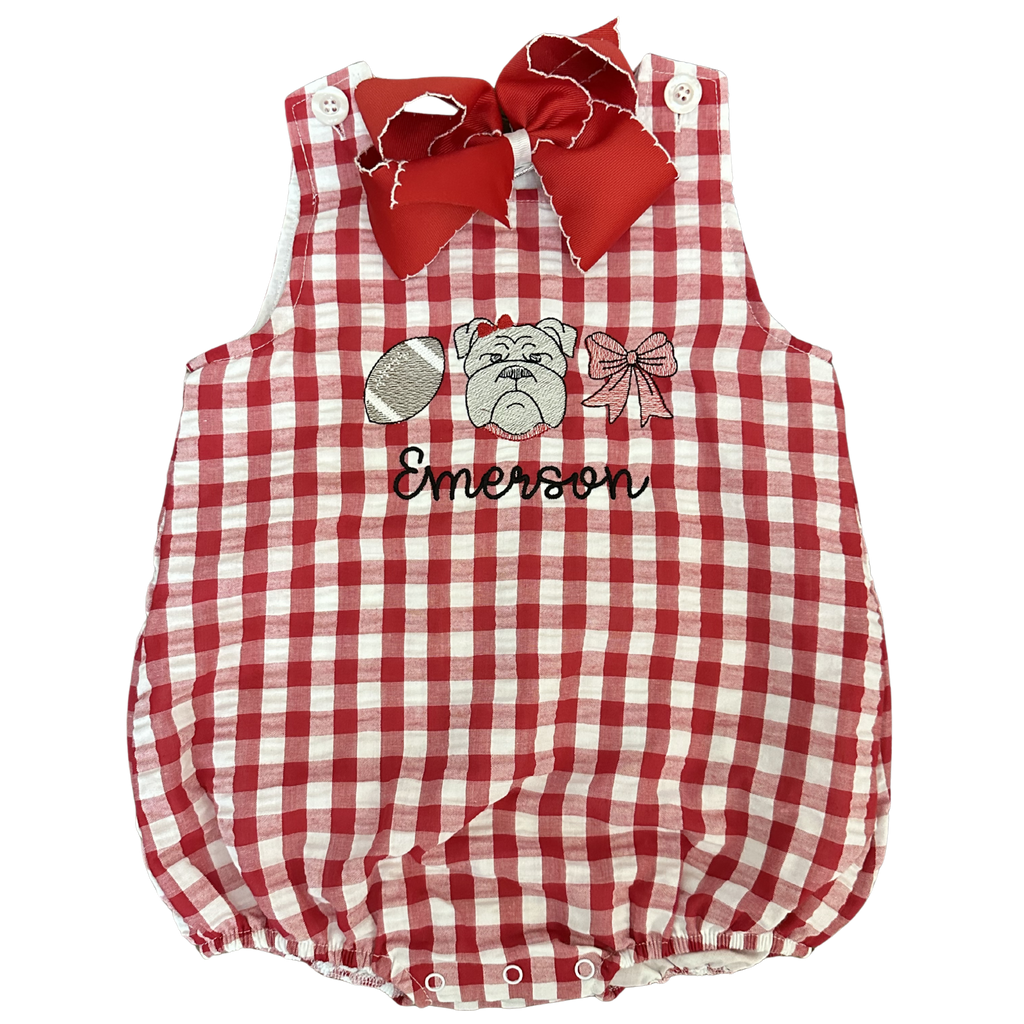 Red and white checkered romper with bulldog graphic and 'Emerson' text on a white background