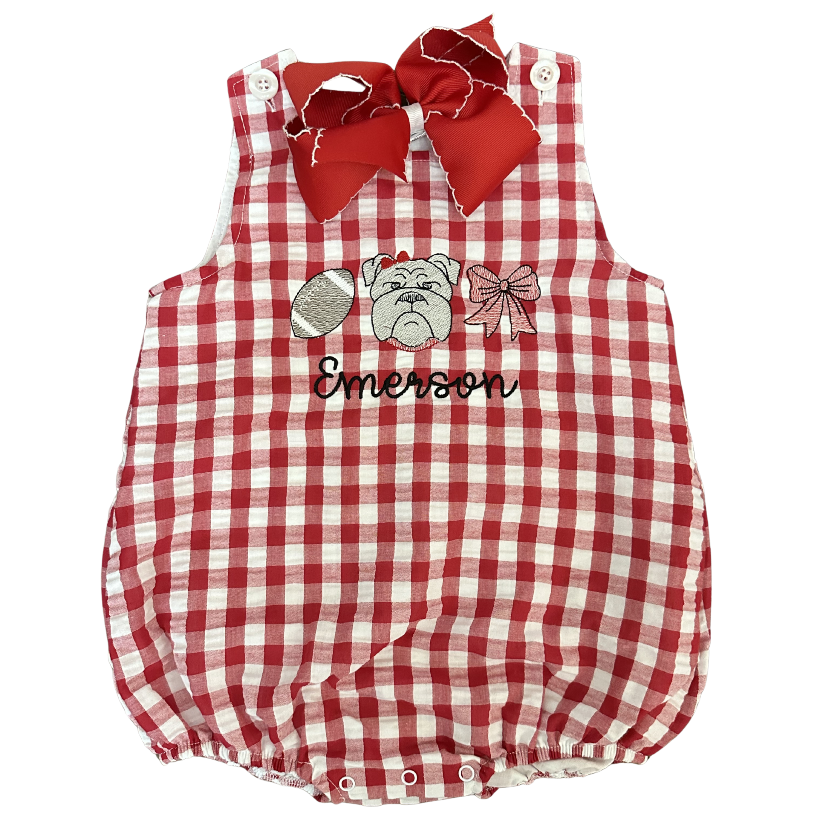 Red and white checkered romper with bulldog graphic and 'Emerson' text on a white background