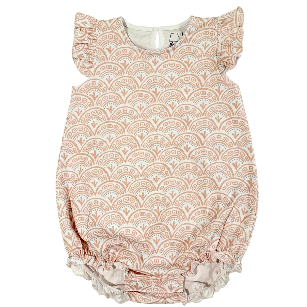white bubble romper with pink swirls and ruffle sleeves