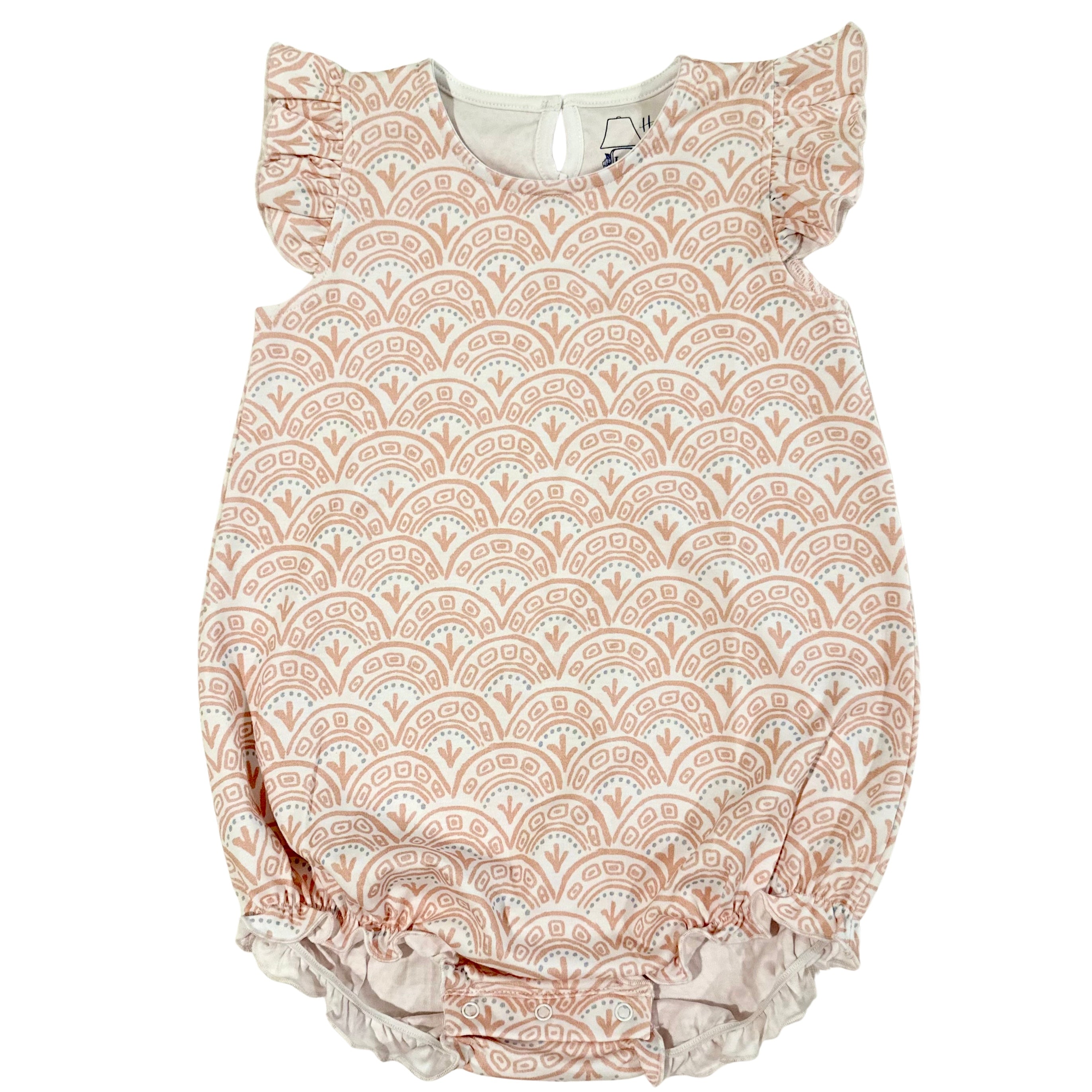 white bubble romper with pink swirls and ruffle sleeves
