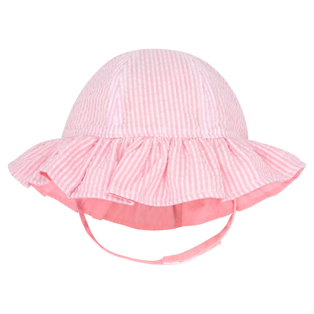 Pink and white striped sun hat on a white background
