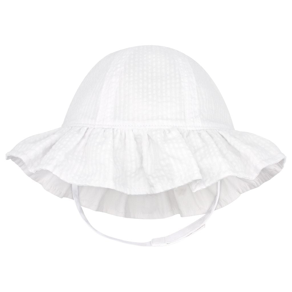 White seersucker sun hat with ruffled edge on a white background